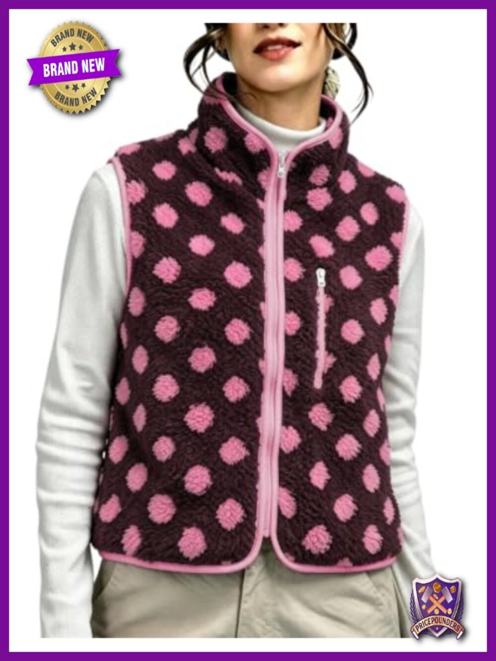 Womens Polka Dot Sherpa Fleece Vest Oversized Zip Up Jacket